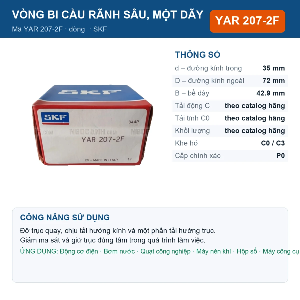 Vòng bi SKF YAR 207-2F — kích thước 35x72x42.9mm