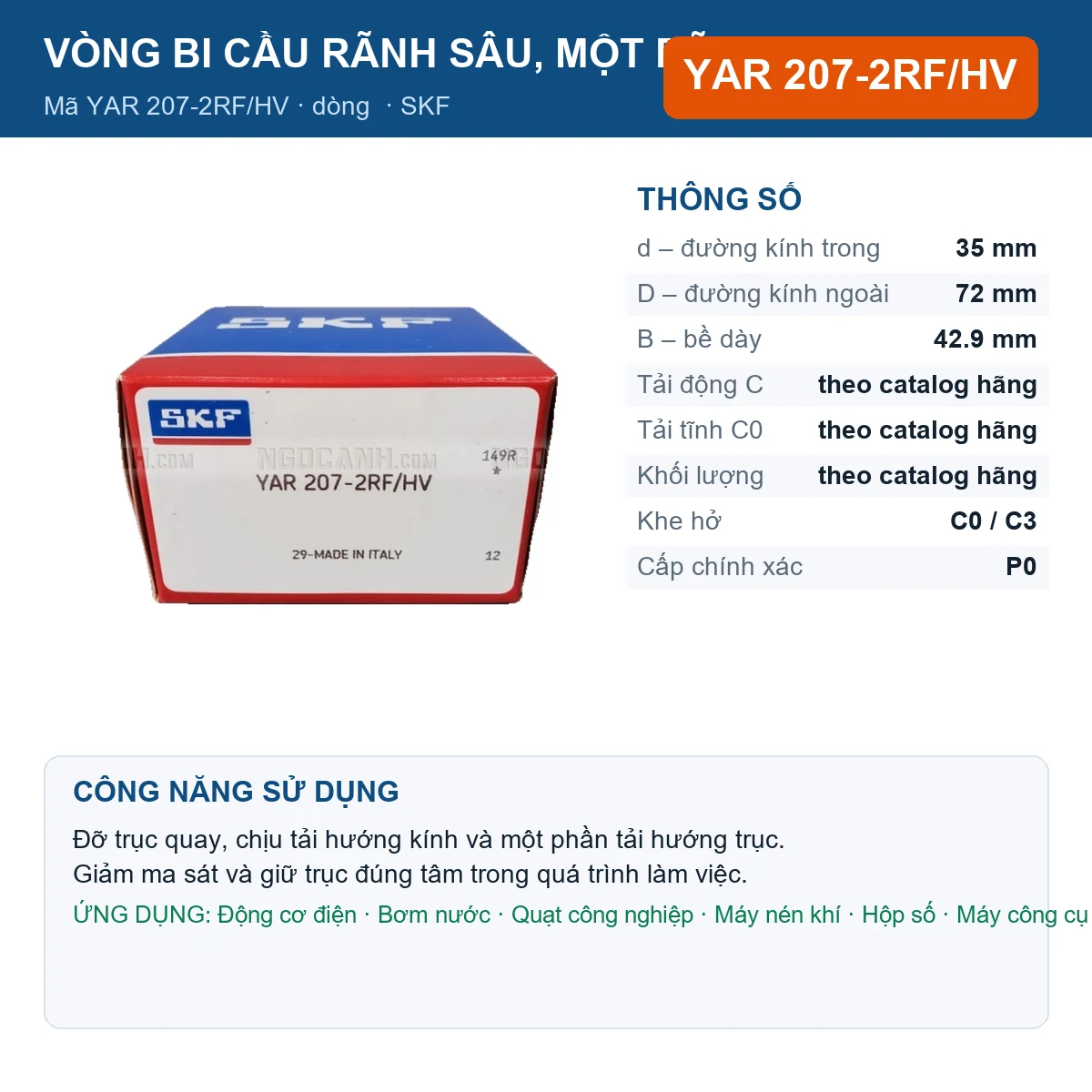 Vòng bi SKF YAR 207-2RF/HV — kích thước 35x72x42.9mm