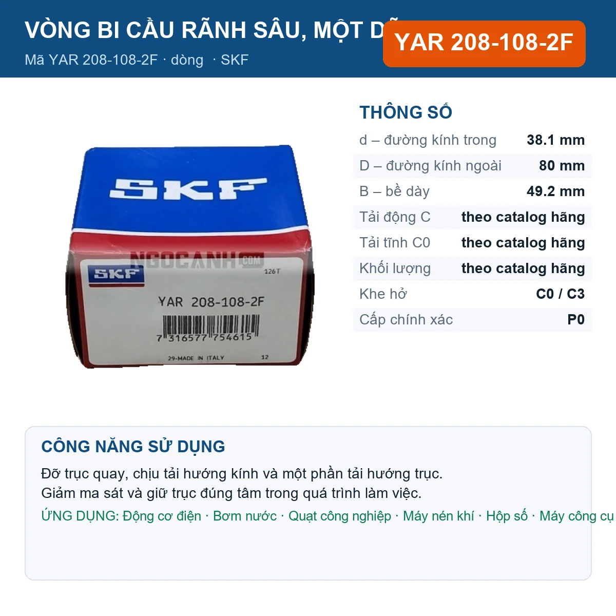 Vòng bi SKF YAR 208-108-2F — kích thước 38.1x80x49.2mm
