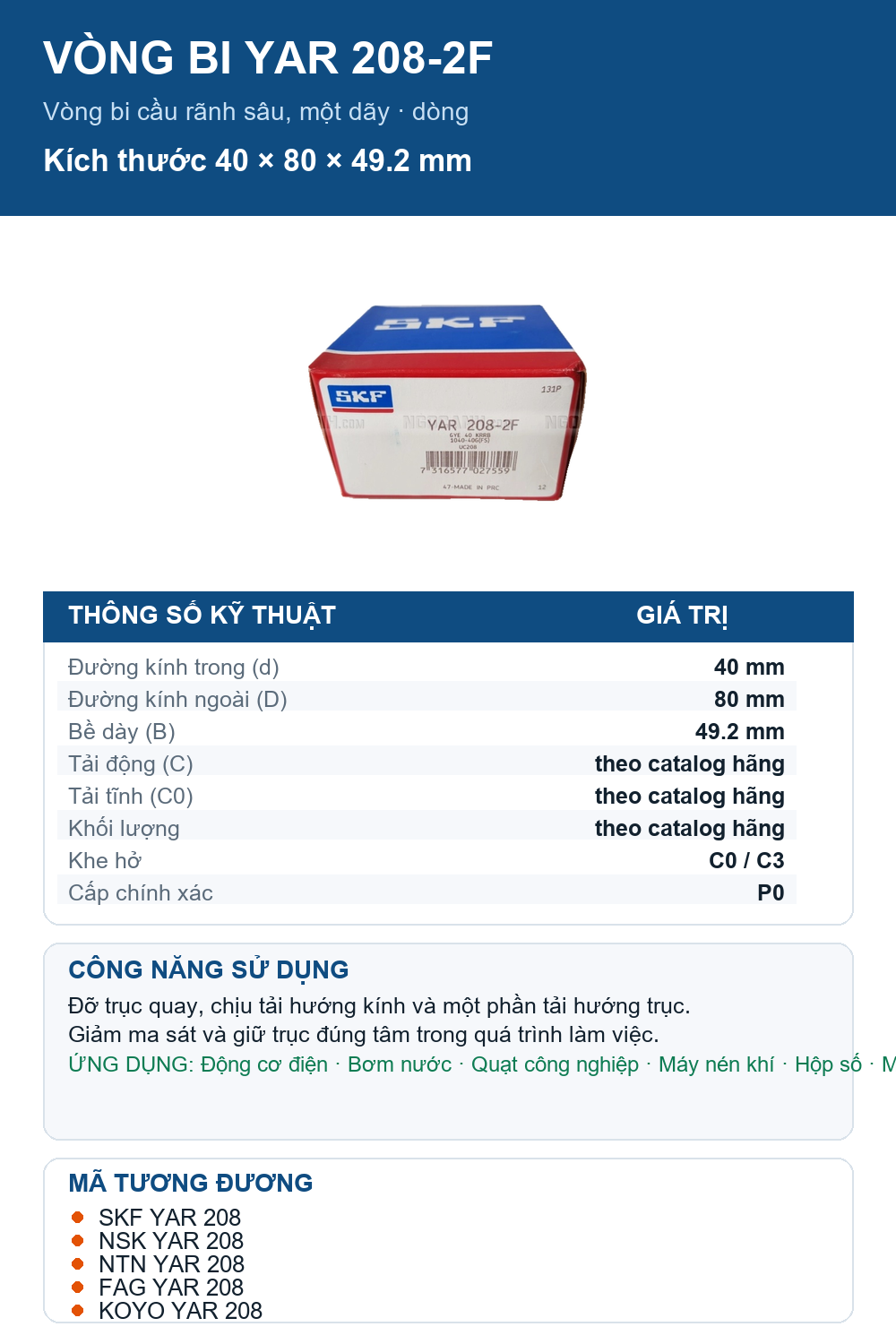 Vòng bi SKF YAR 208-2F 40x80x49.2mm — Ảnh thông số (Pinterest)