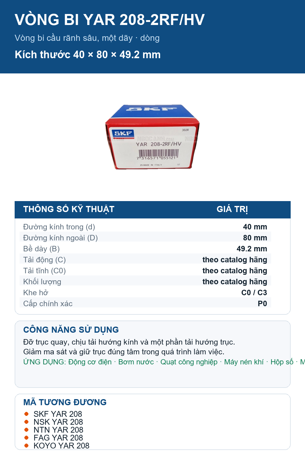 Vòng bi SKF YAR 208-2RF/HV 40x80x49.2mm — Ảnh thông số (Pinterest)
