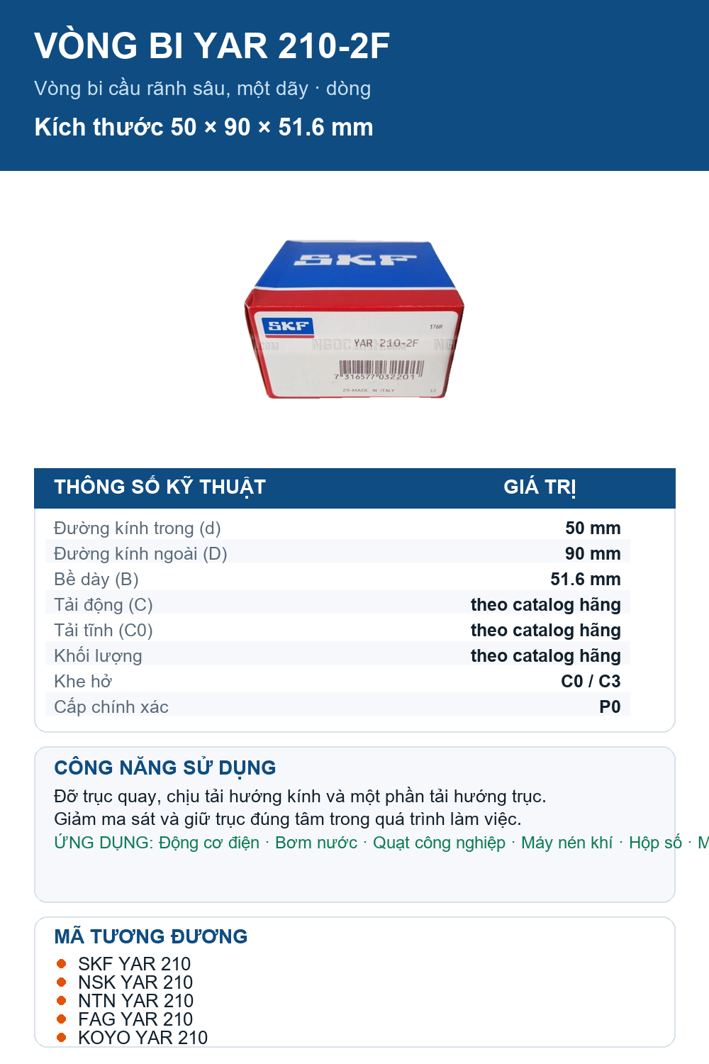 Vòng bi SKF YAR 210-2F 50x90x51.6mm — Ảnh thông số (Pinterest)