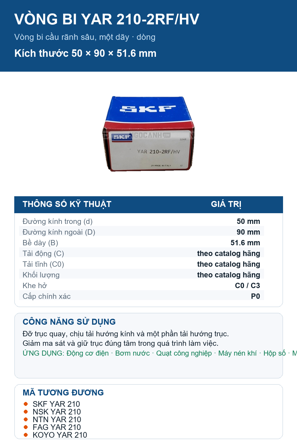 Vòng bi SKF YAR 210-2RF/HV 50x90x51.6mm — Ảnh thông số (Pinterest)