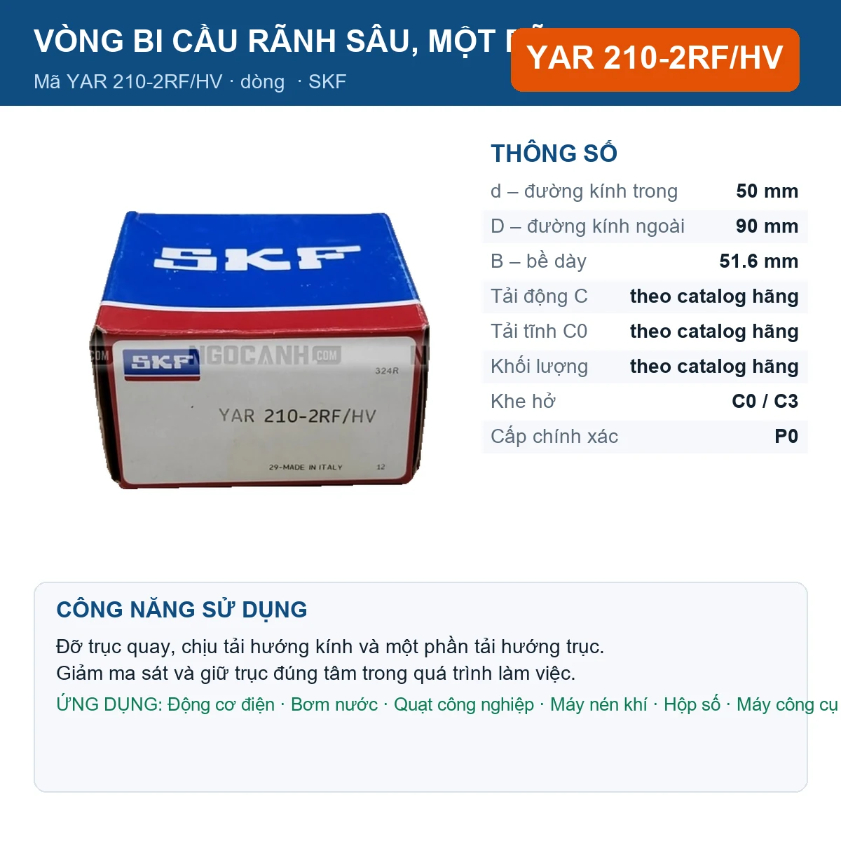 Vòng bi SKF YAR 210-2RF/HV 50x90x51.6mm — Ảnh đăng sản phẩm (web)
