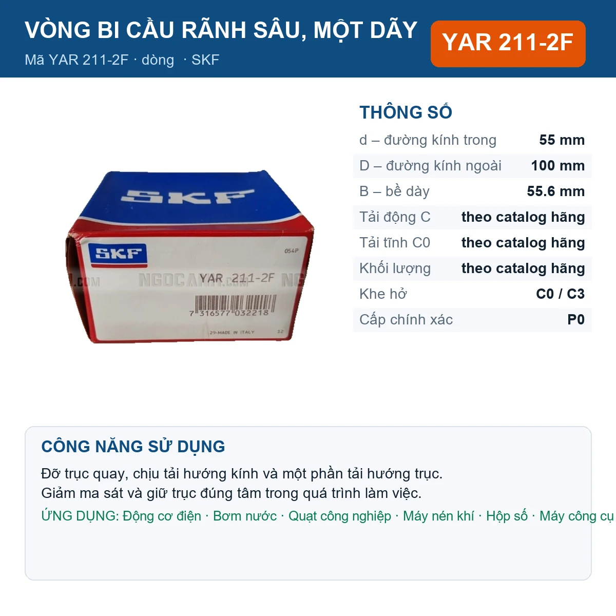 Vòng bi SKF YAR 211-2F 55x100x55.6mm — Ảnh đăng sản phẩm (web)