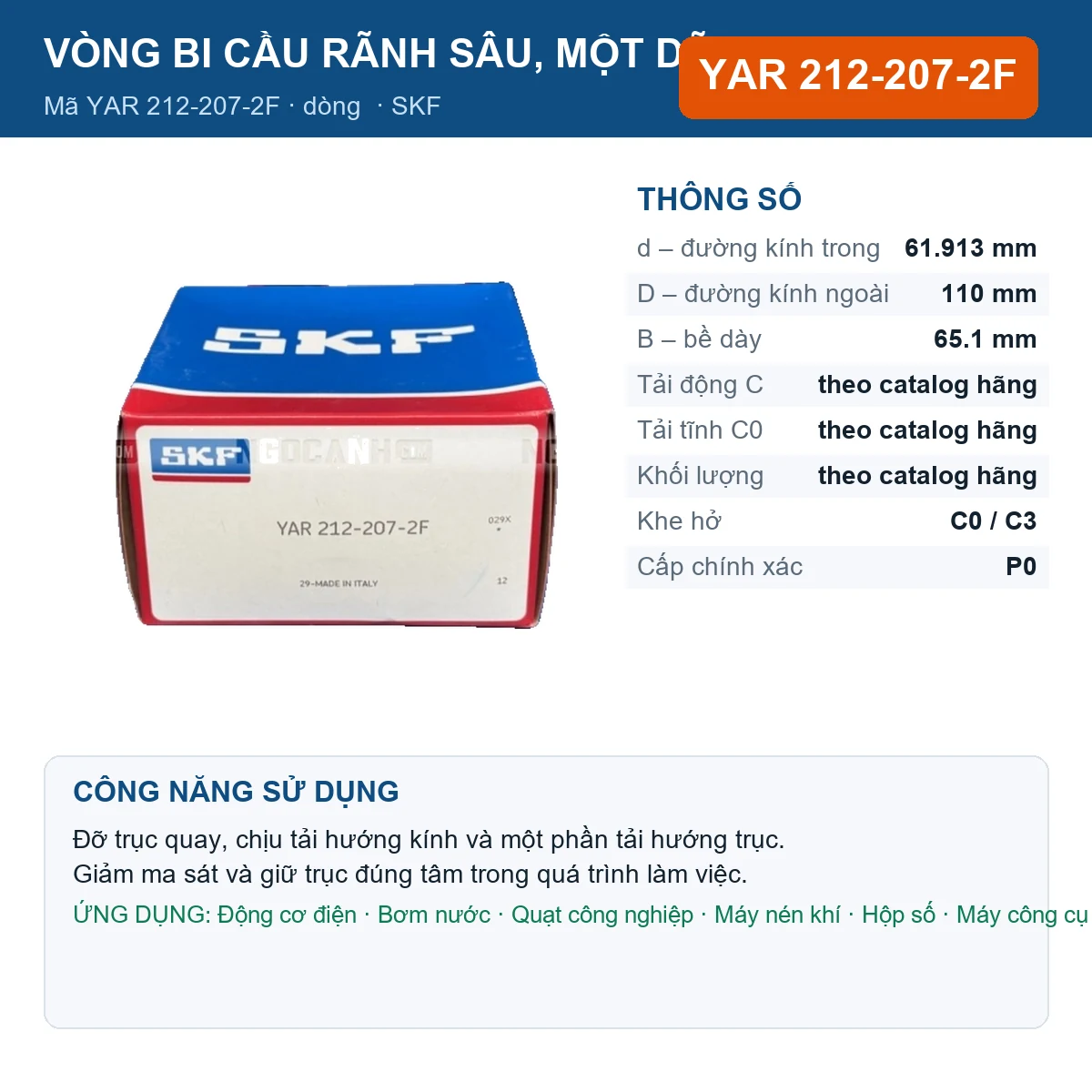 Vòng bi SKF YAR 212-207-2F — kích thước 61.913x110x65.1mm