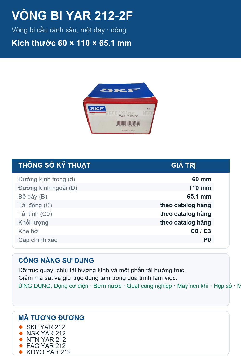 Vòng bi SKF YAR 212-2F 60x110x65.1mm — Ảnh thông số (Pinterest)
