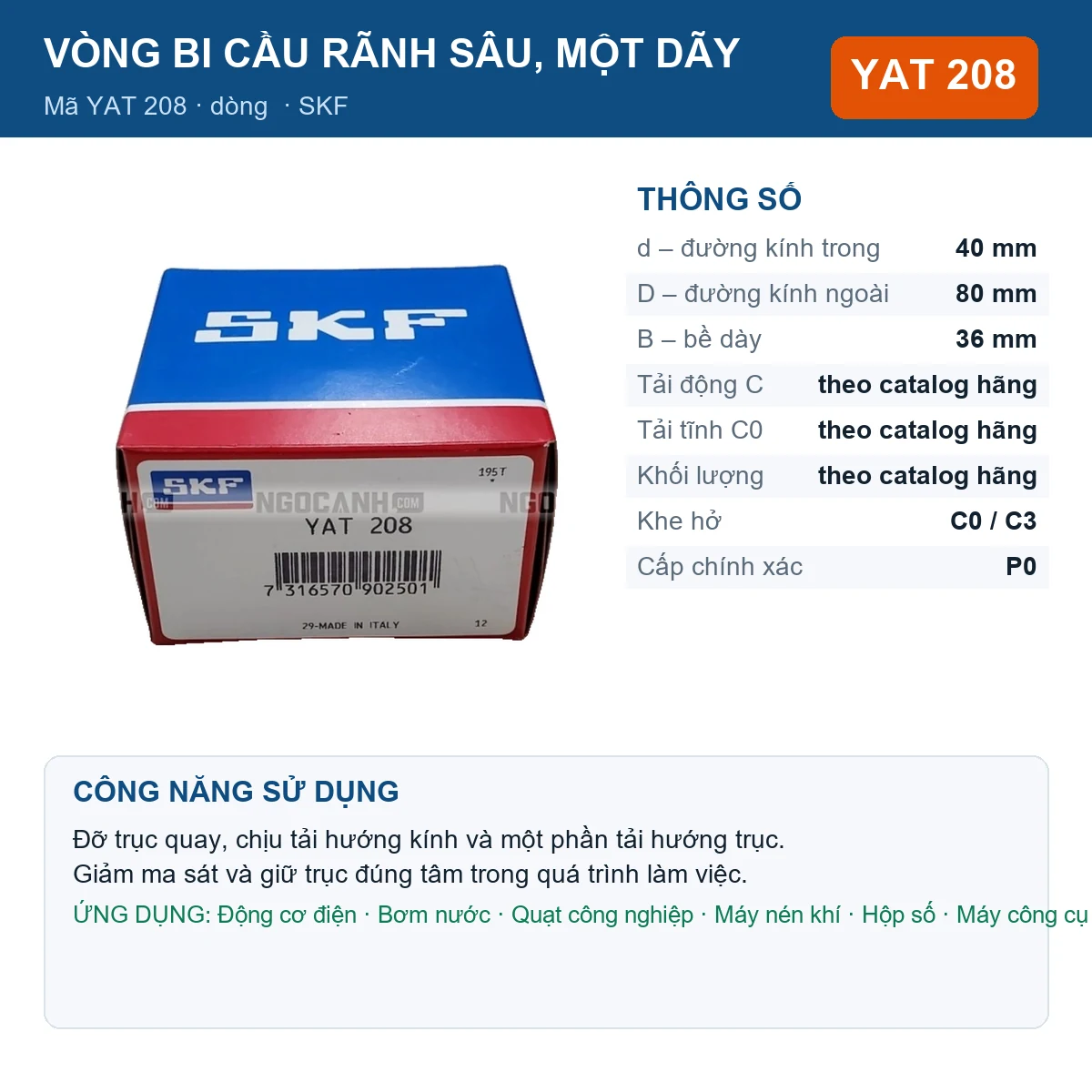 Vòng bi SKF YAT 208 40x80x36mm — Ảnh đăng sản phẩm (web)