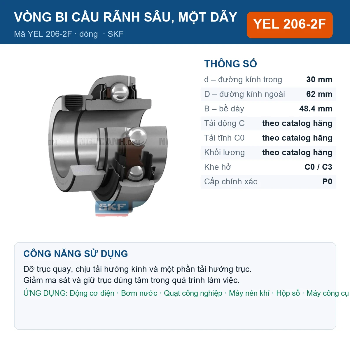 Vòng bi SKF YEL 206-2F 30x62x48.4mm — Ảnh đăng sản phẩm (web)