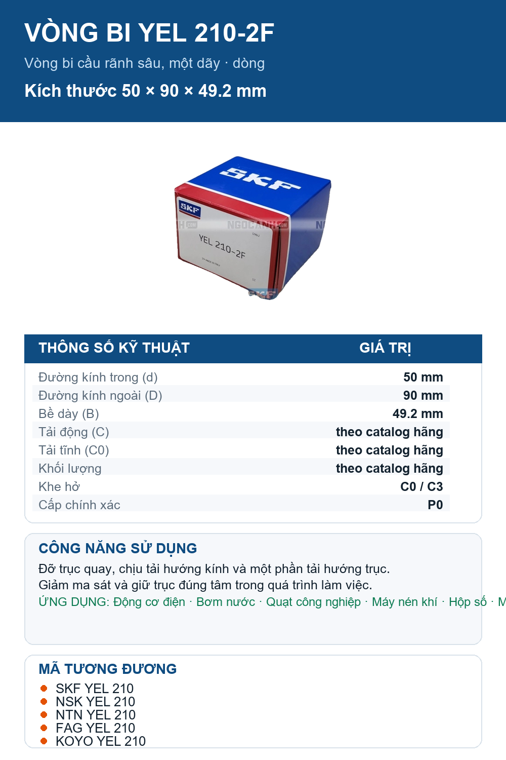 Vòng bi SKF YEL 210-2F 50x90x49.2mm — Ảnh thông số (Pinterest)