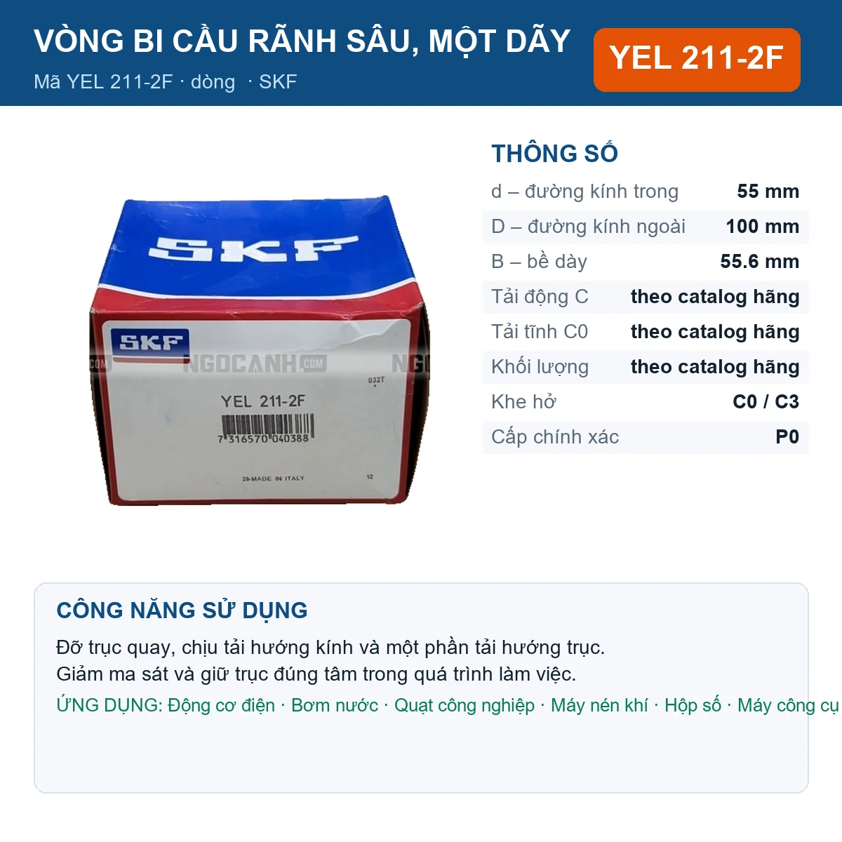 Vòng bi SKF YEL 211-2F 55x100x55.6mm — Ảnh đăng sản phẩm (web)