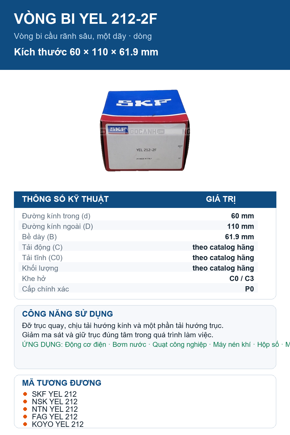 Vòng bi SKF YEL 212-2F 60x110x61.9mm — Ảnh thông số (Pinterest)