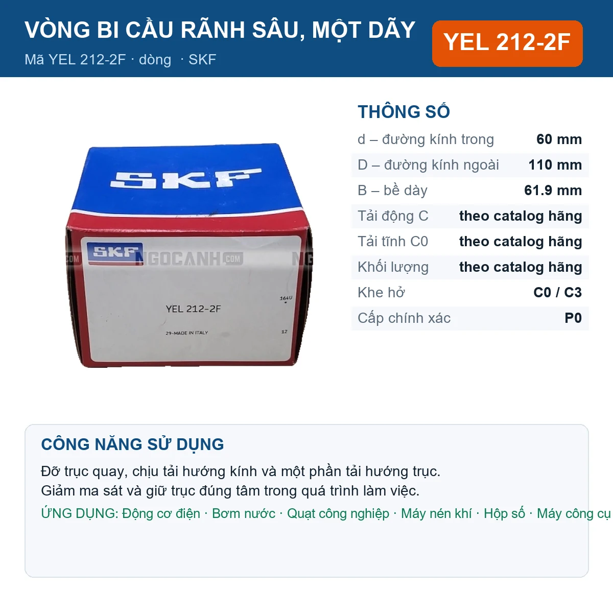 Vòng bi SKF YEL 212-2F 60x110x61.9mm — Ảnh đăng sản phẩm (web)