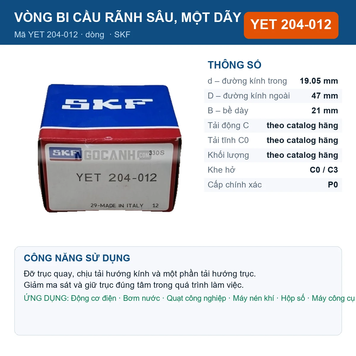 Vòng bi SKF YET 204-012 19.05x47x21mm — Ảnh đăng sản phẩm (web)