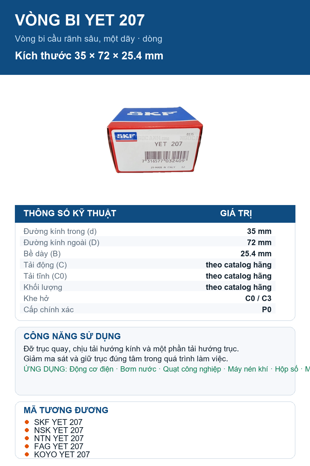 Vòng bi SKF YET 207 35x72x25.4mm — Ảnh thông số (Pinterest)