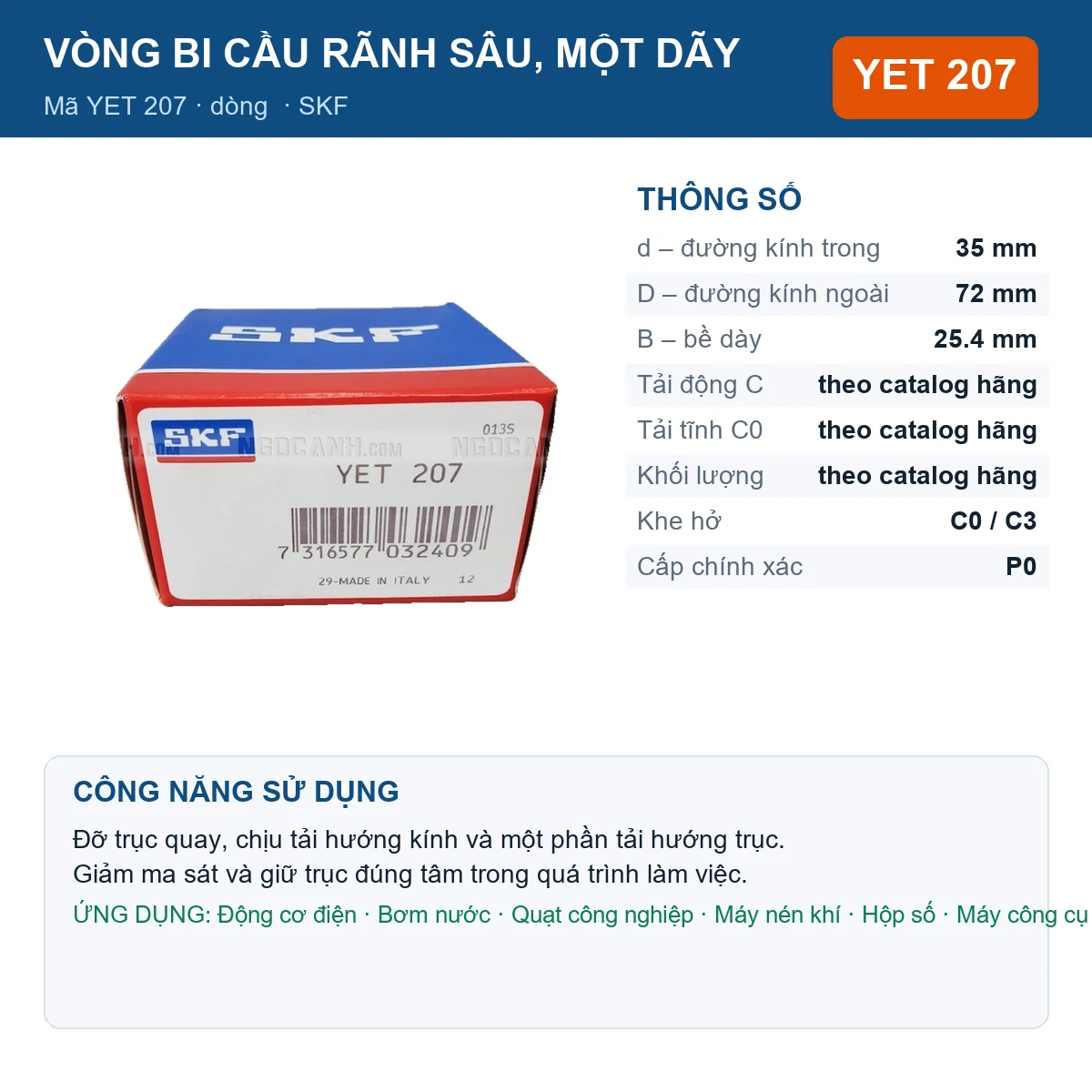 Vòng bi SKF YET 207 — kích thước 35x72x25.4mm