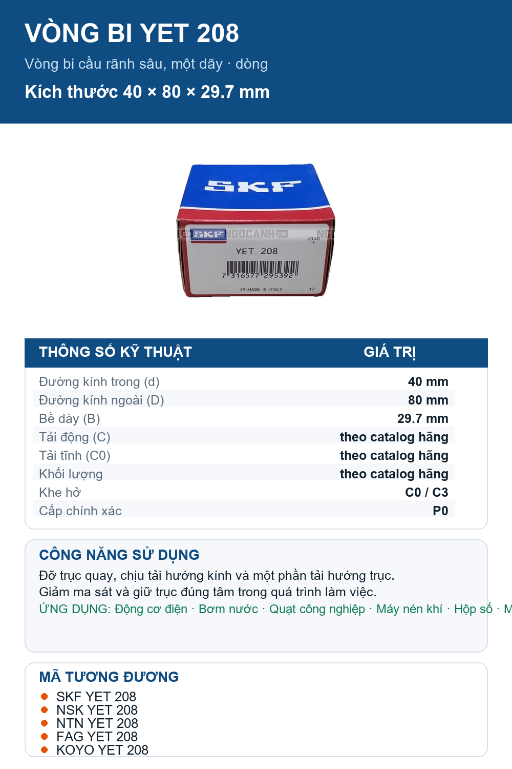 Vòng bi SKF YET 208 40x80x29.7mm — Ảnh thông số (Pinterest)