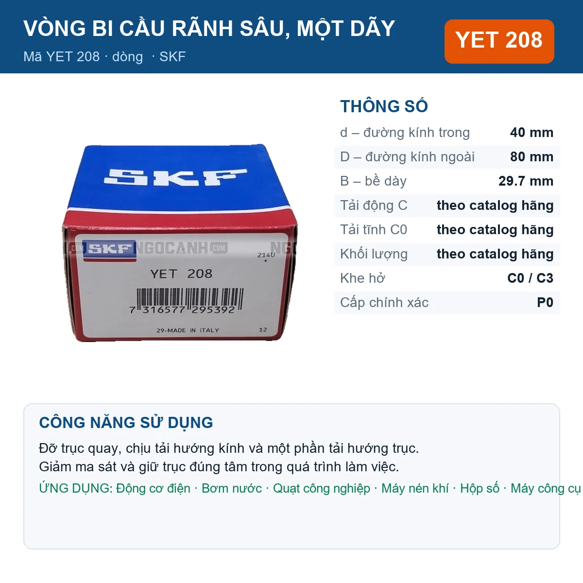 Vòng bi SKF YET 208 40x80x29.7mm — Ảnh đăng sản phẩm (web)