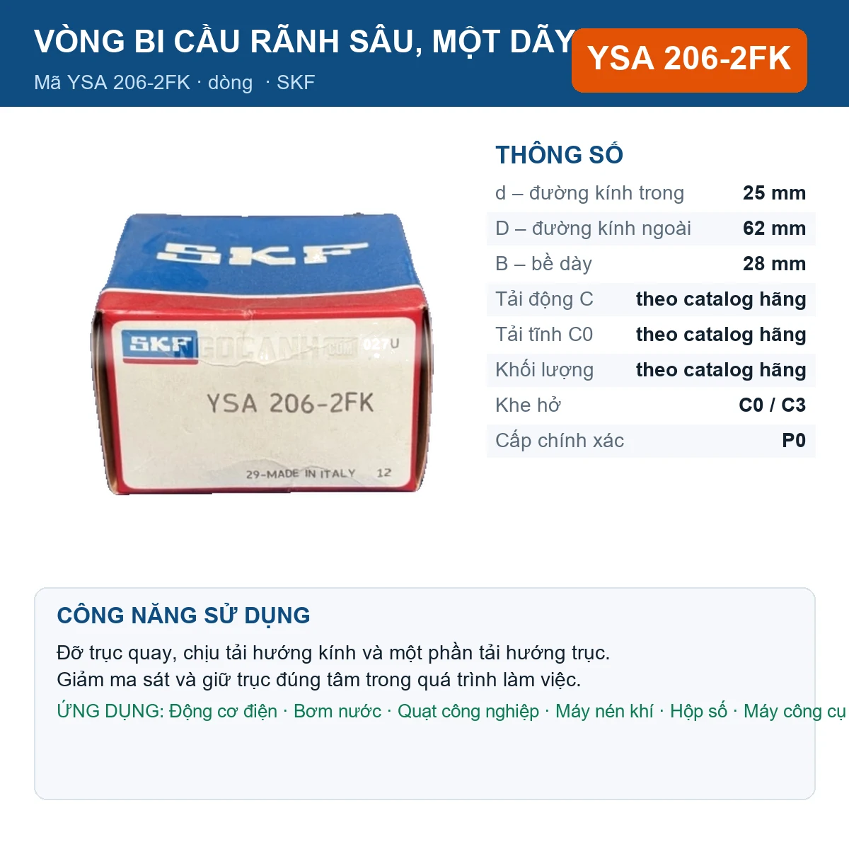 Vòng bi SKF YSA 206-2FK 25x62x28mm — Ảnh đăng sản phẩm (web)