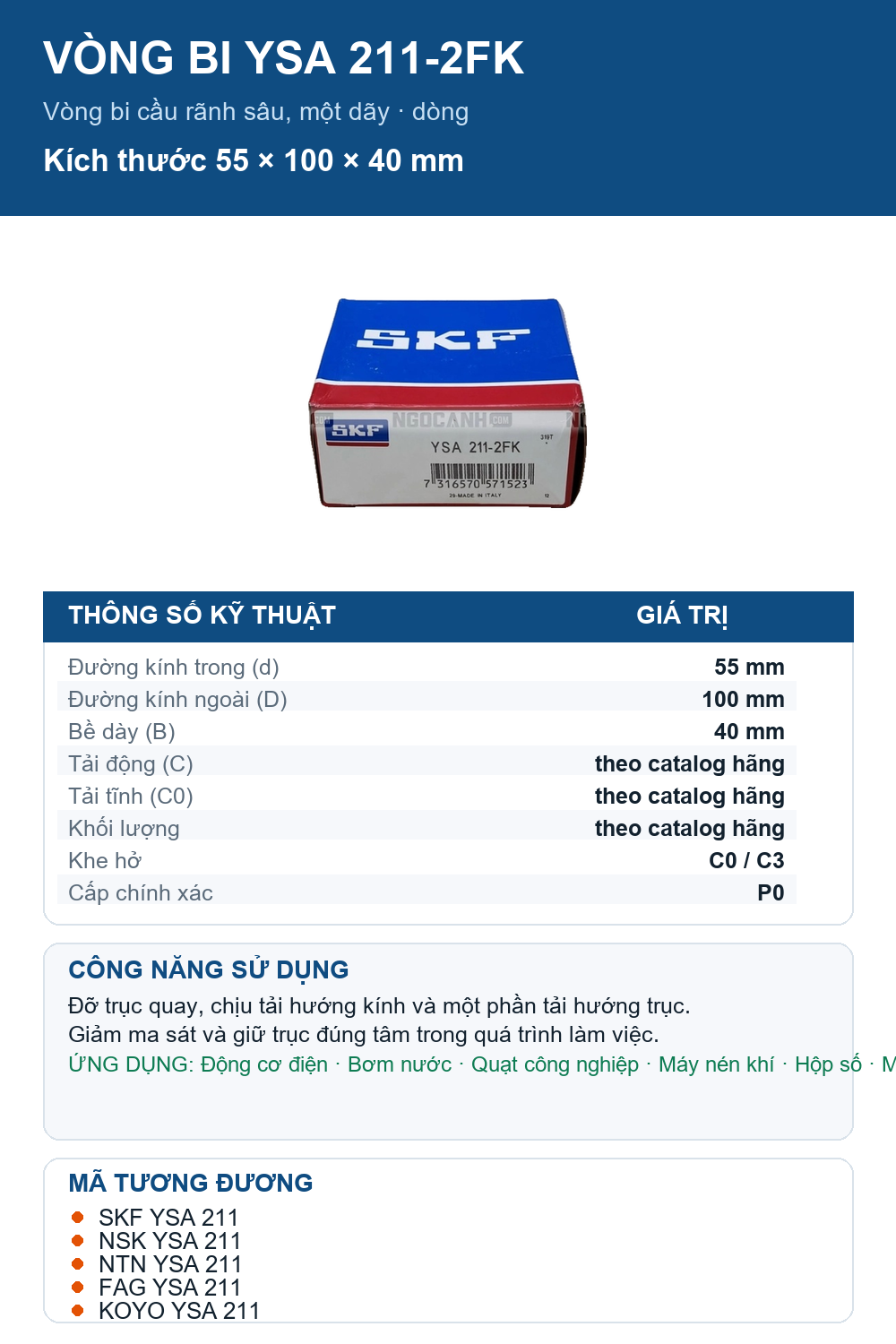 Vòng bi SKF YSA 211-2FK 55x100x40mm — Ảnh thông số (Pinterest)