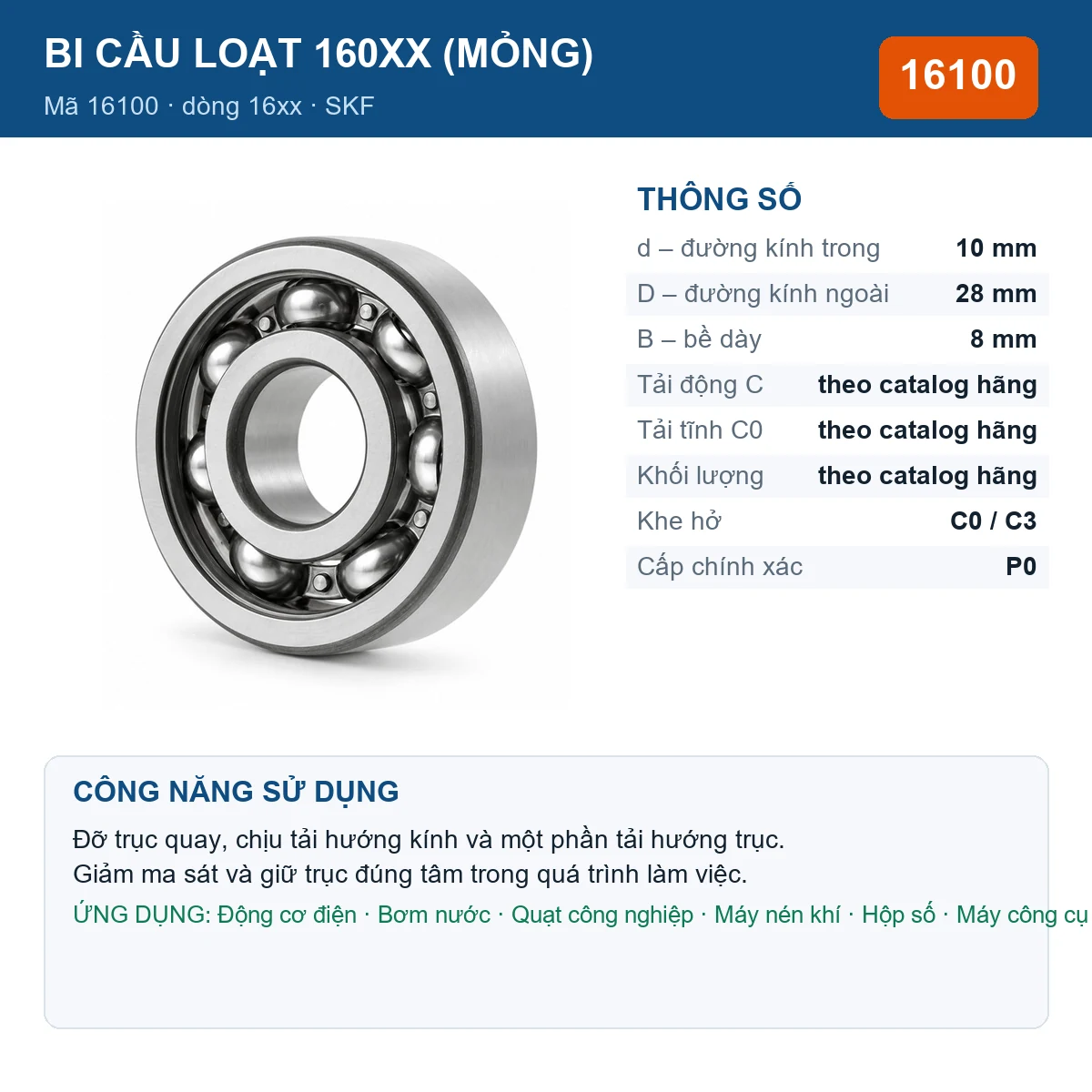 Vòng bi bạc đạn 16100 10x28x8mm SKF — kích thước 10x28x8mm