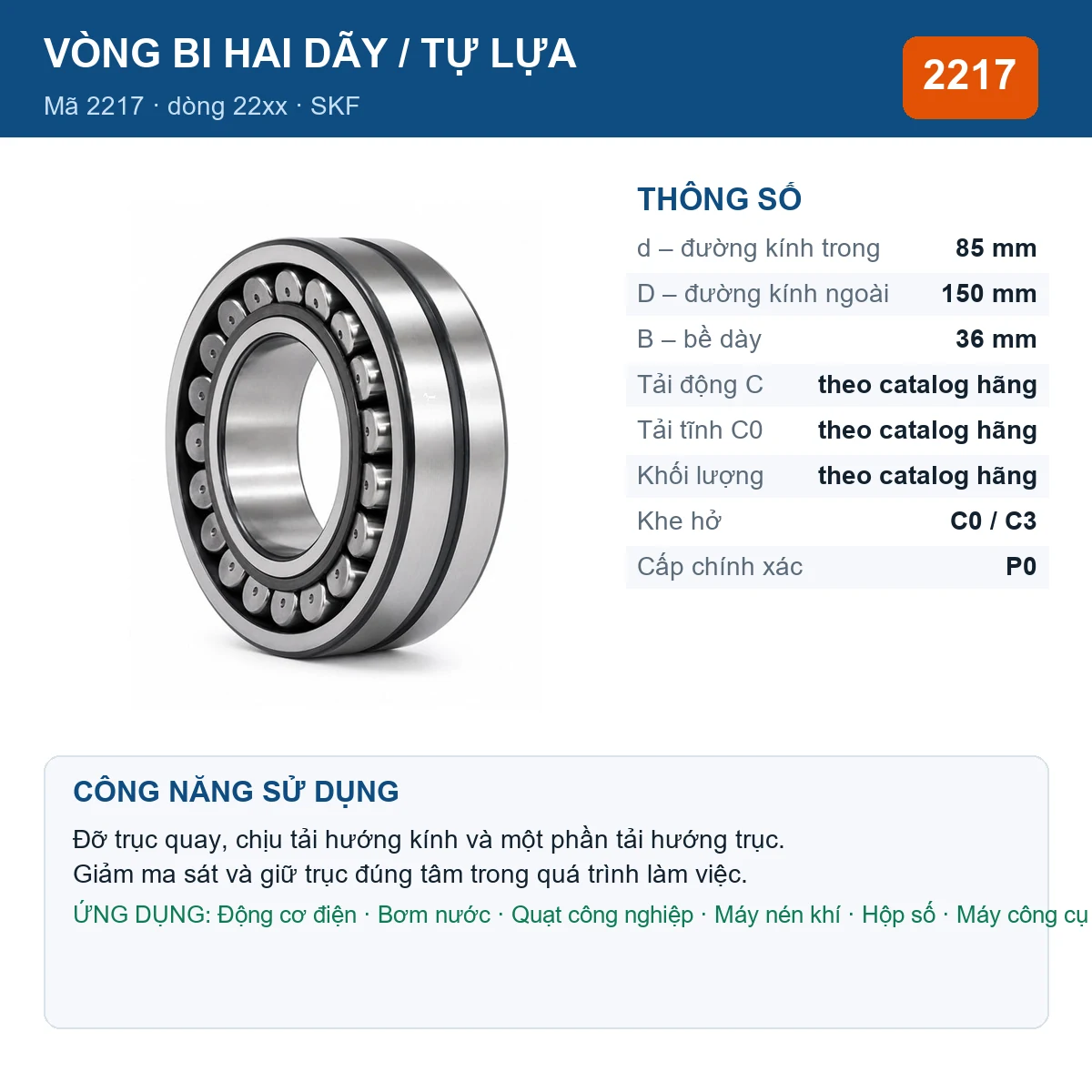 Vòng bi bạc đạn 2217 85x150x36mm SKF — kích thước 85x150x36mm