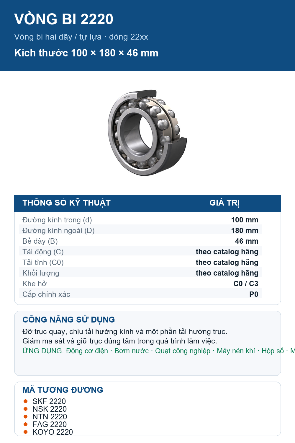 Vòng bi bạc đạn 2220 100x180x46mm NTN — Ảnh thông số (Pinterest)