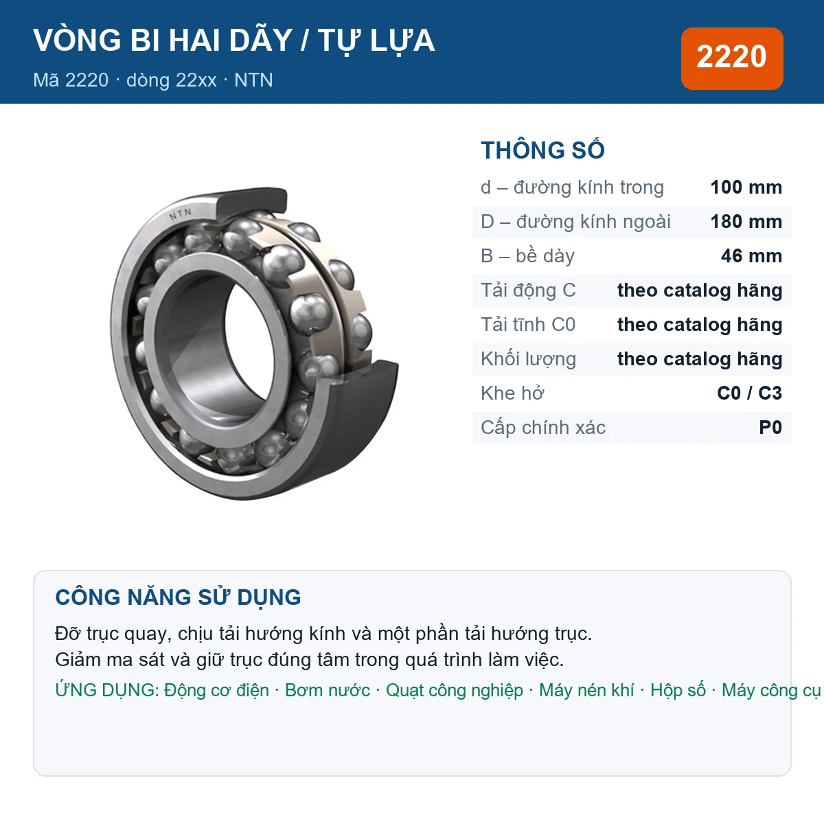 Vòng bi bạc đạn 2220 100x180x46mm NTN — kích thước 100x180x46mm