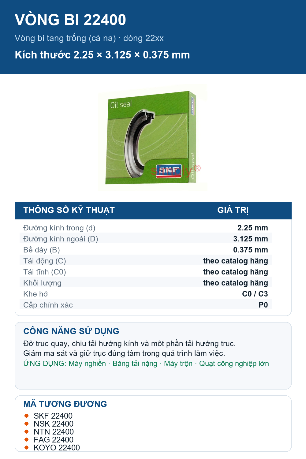 Vòng bi bạc đạn 22400 2.25x3.125x0.375mm SKF — Ảnh thông số (Pinterest)