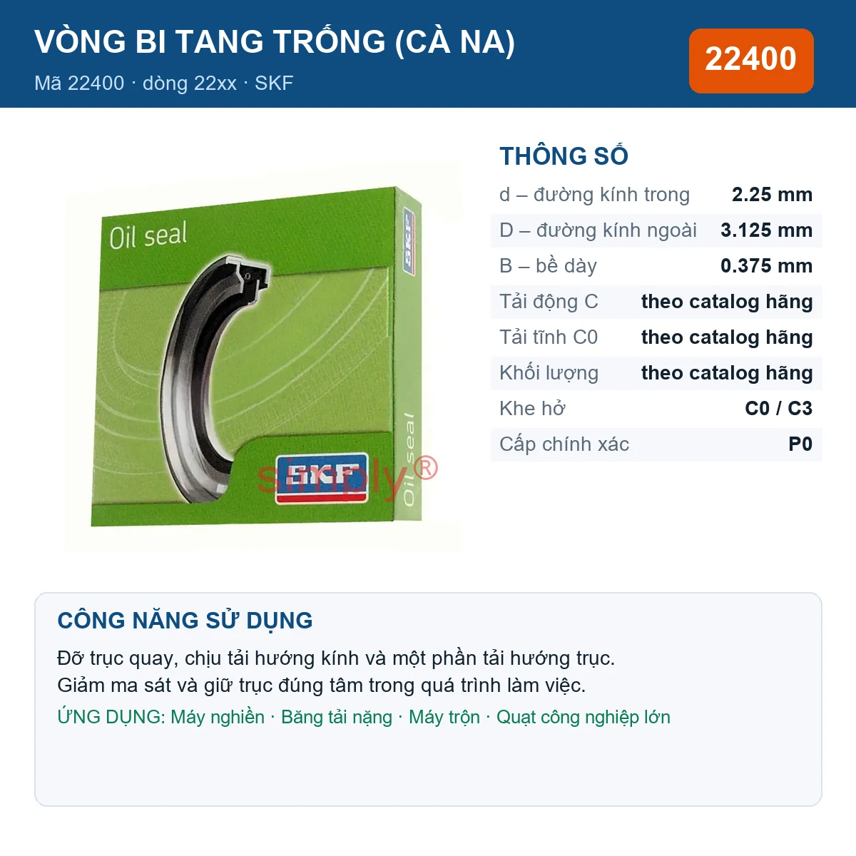Vòng bi bạc đạn 22400 2.25x3.125x0.375mm SKF — Ảnh đăng sản phẩm (web)