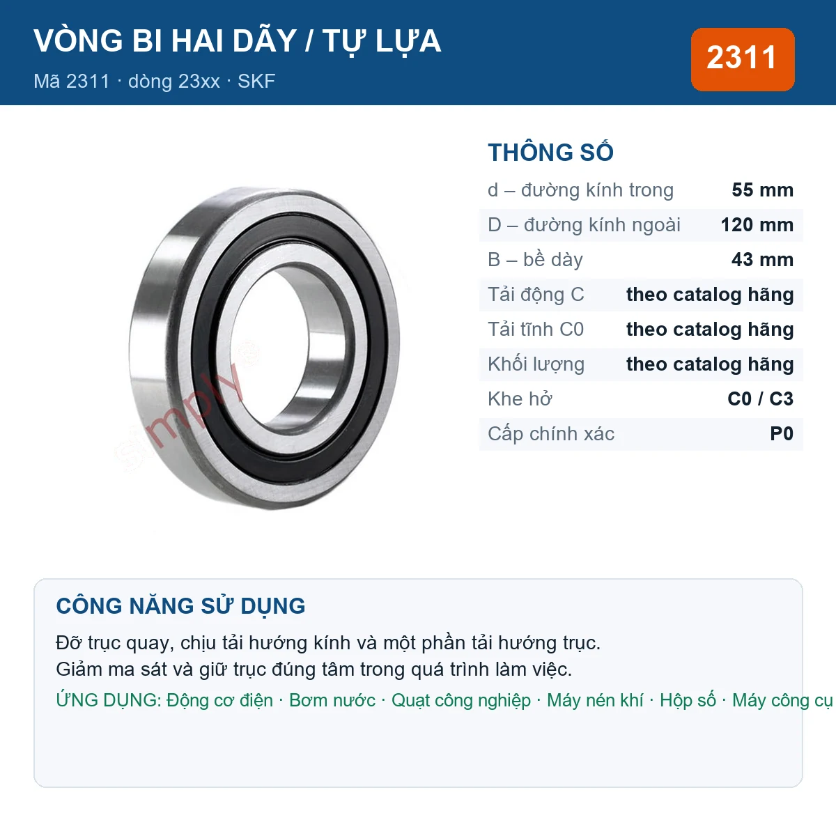 Vòng bi bạc đạn 2311 55x120x43mm SKF — kích thước 55x120x43mm