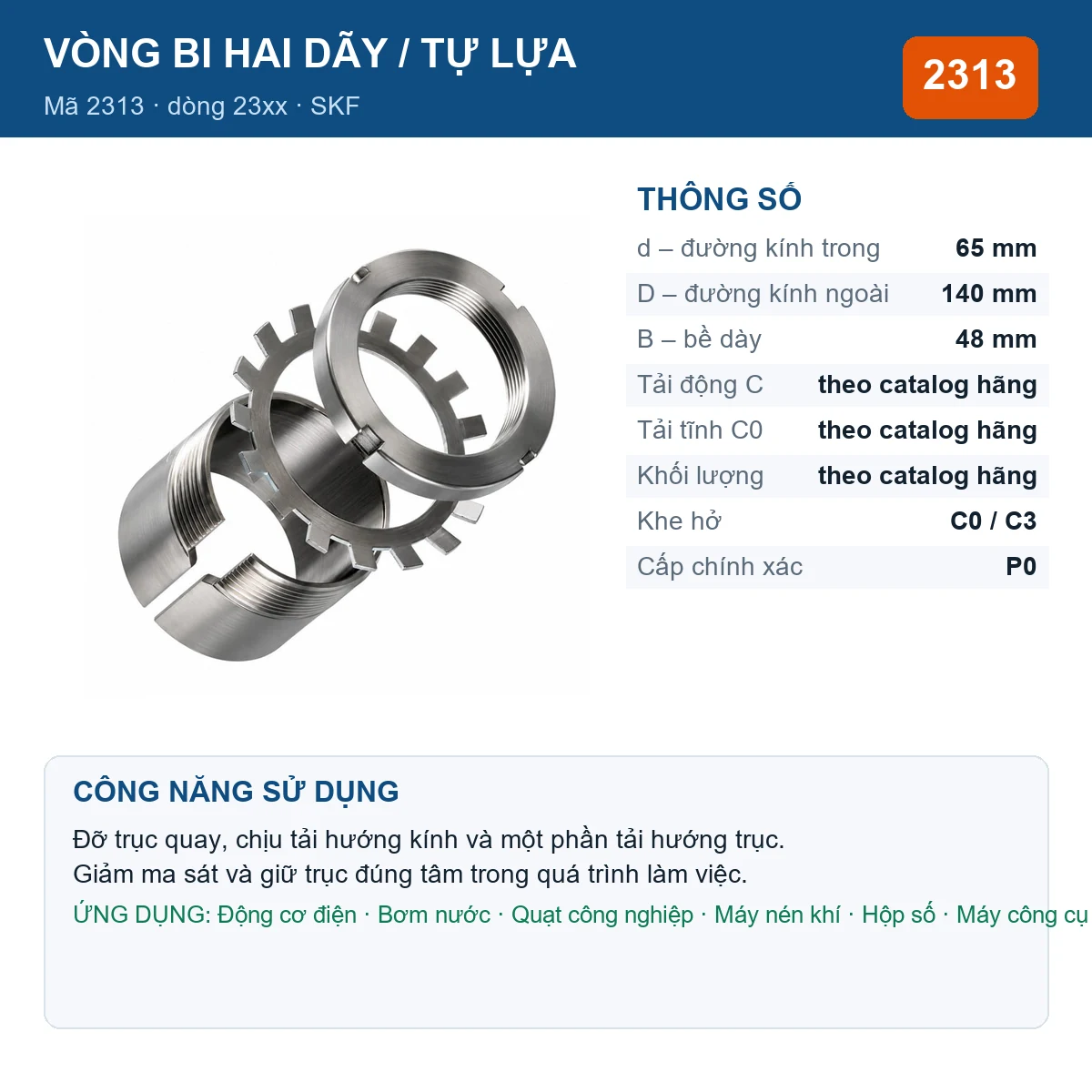 Vòng bi bạc đạn 2313 65x140x48mm SKF — kích thước 65x140x48mm