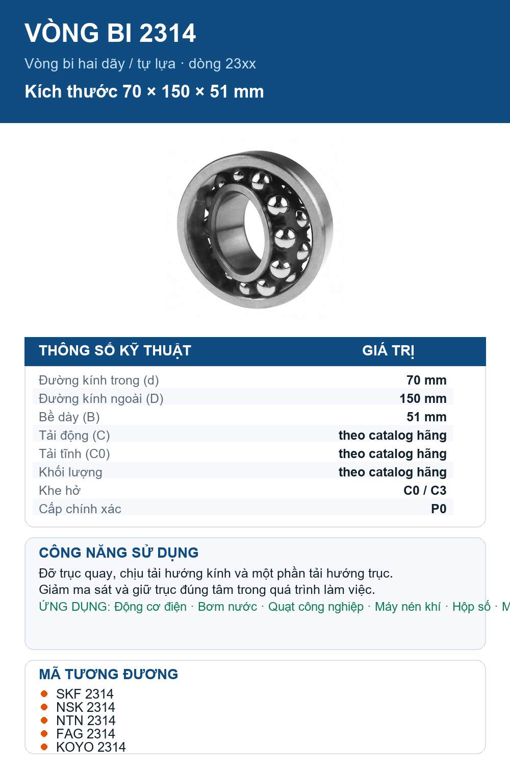 Vòng bi bạc đạn 2314 70x150x51mm SKF — Ảnh thông số (Pinterest)