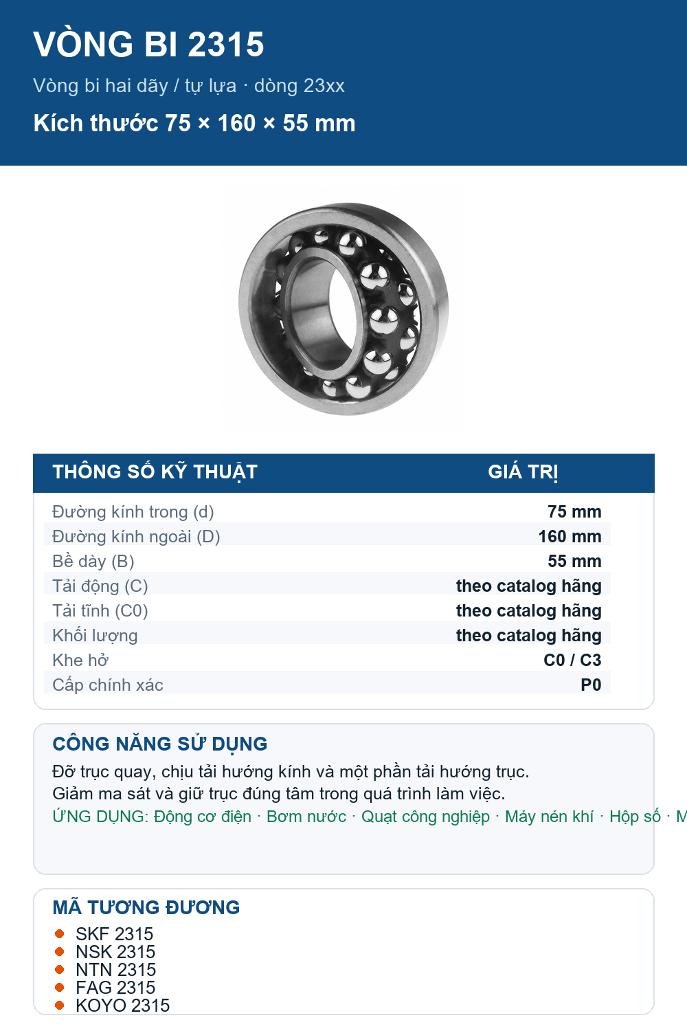 Vòng bi bạc đạn 2315 75x160x55mm SKF — Ảnh thông số (Pinterest)