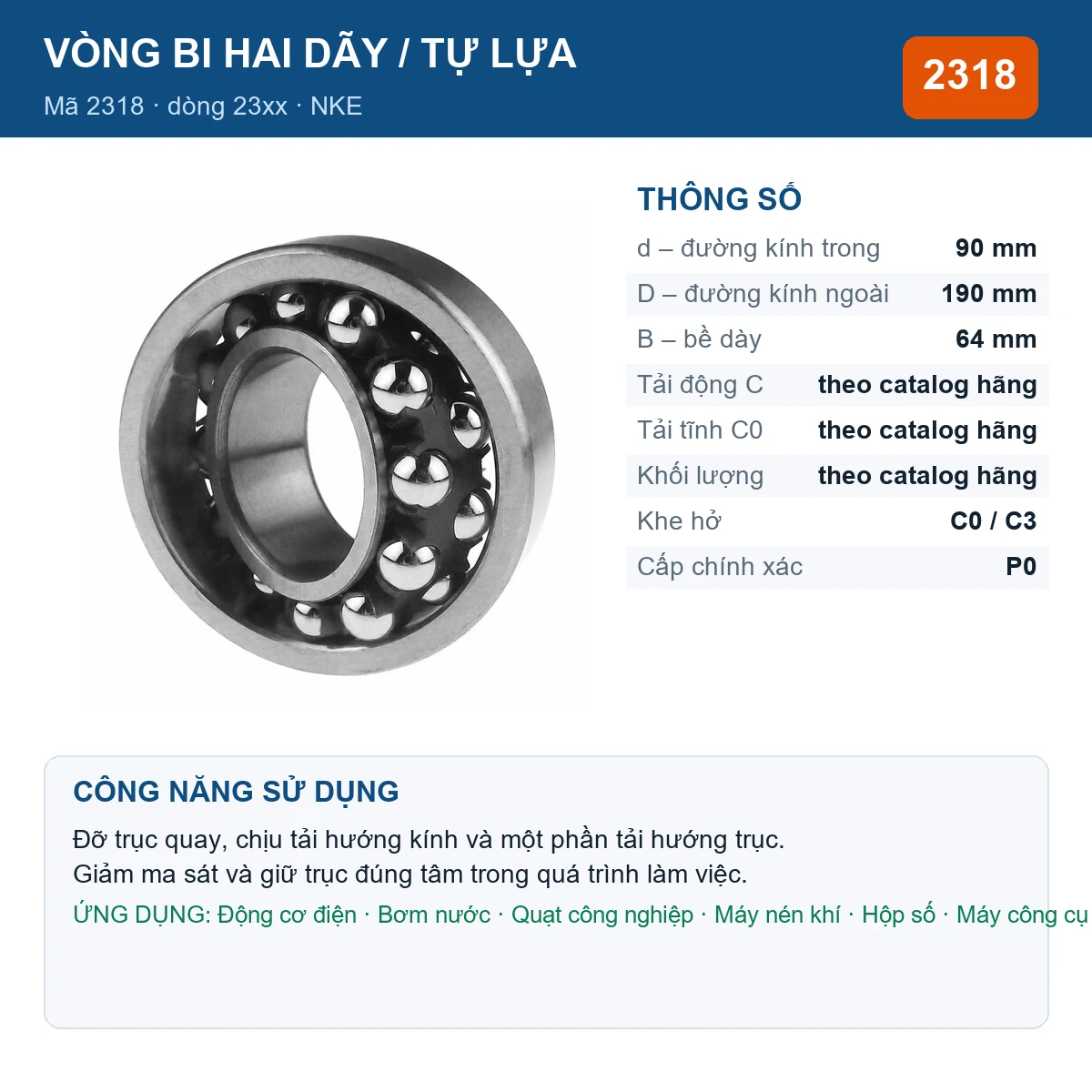 Vòng bi bạc đạn 2318 90x190x64mm NKE — kích thước 90x190x64mm