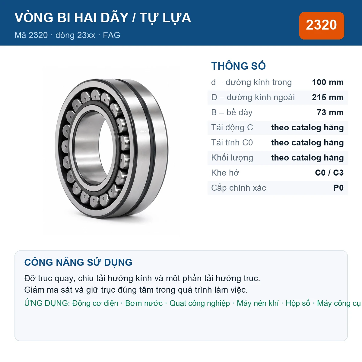 Vòng bi bạc đạn 2320 100x215x73mm FAG — kích thước 100x215x73mm