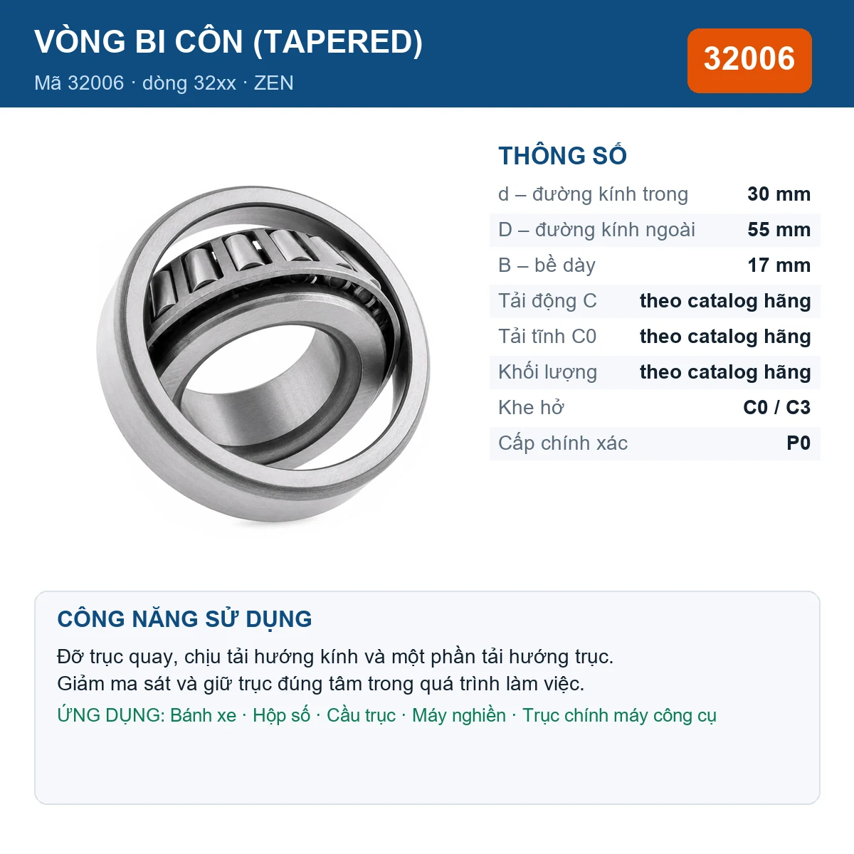 Vòng bi bạc đạn 32006 30x55x17mm ZEN — kích thước 30x55x17mm