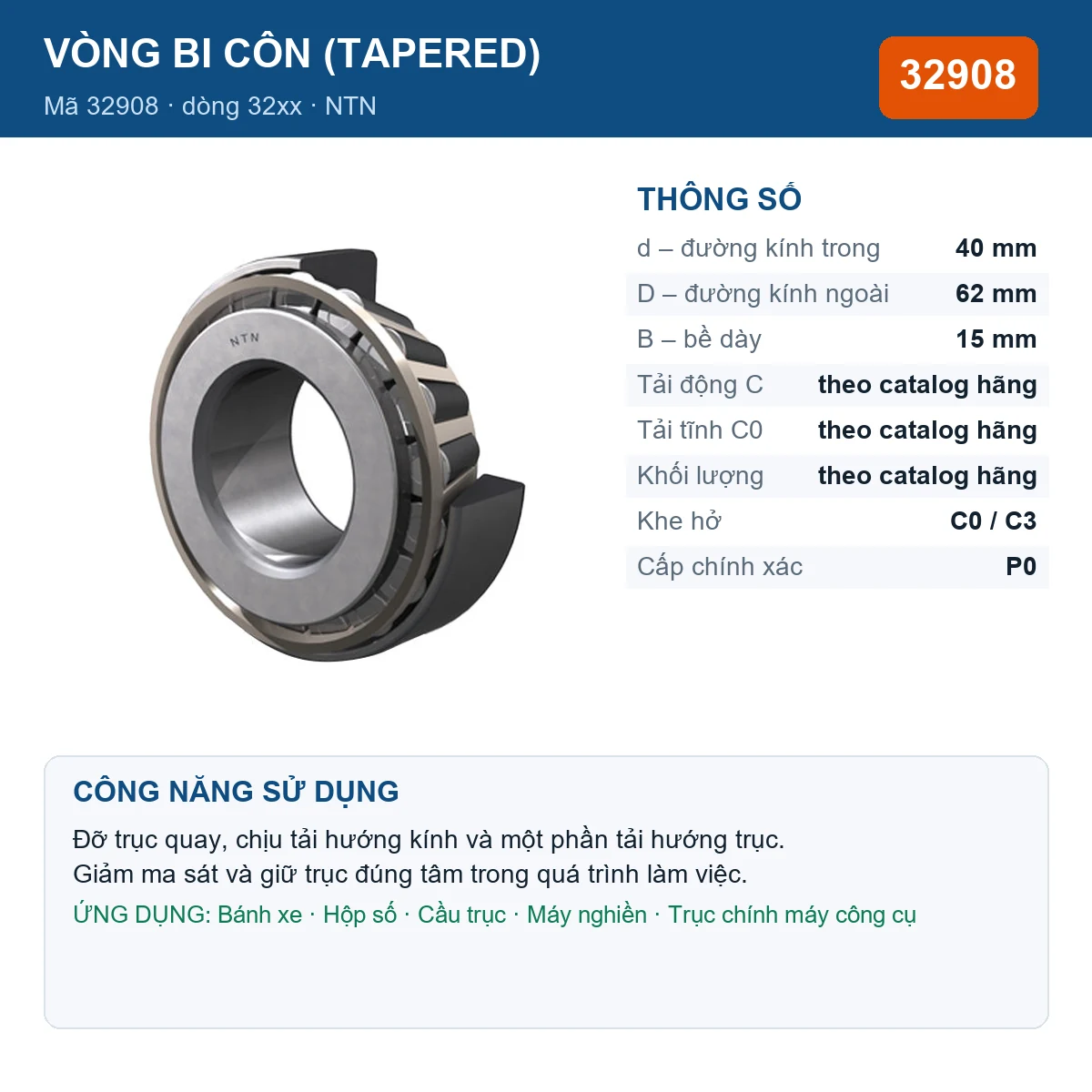 Vòng bi bạc đạn 32908 40x62x15mm NTN — kích thước 40x62x15mm
