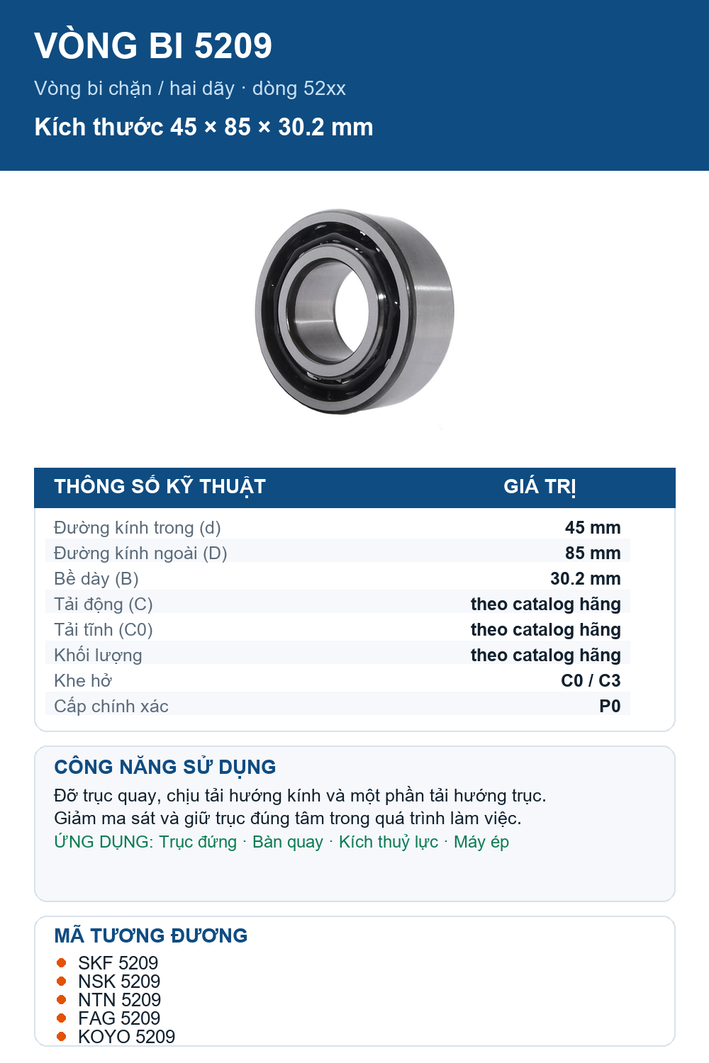 Vòng bi bạc đạn 5209 45x85x30.2mm KSM — Ảnh thông số (Pinterest)