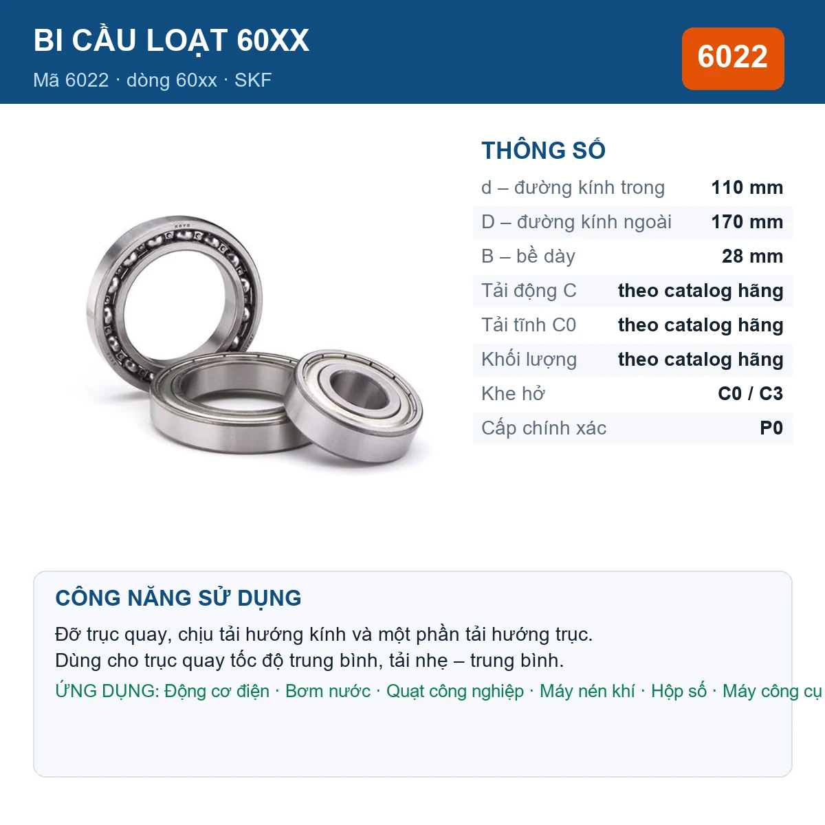 Vòng bi bạc đạn 6022 110x170x28mm SKF — ảnh sản phẩm, kích thước 110x170x28mm