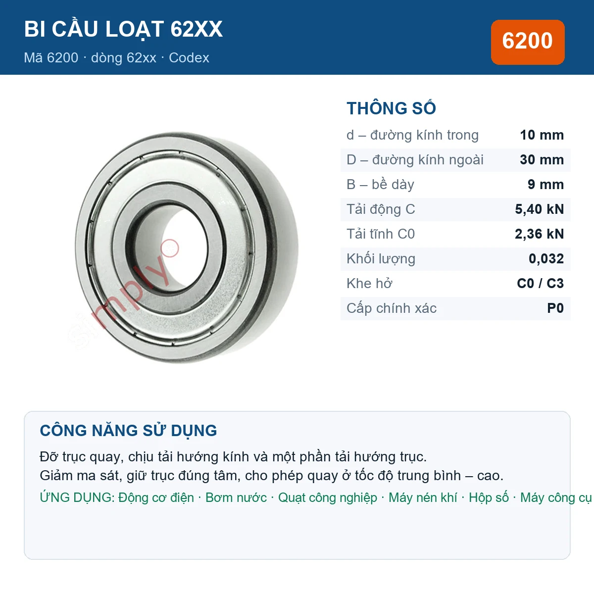 Vòng bi bạc đạn 6200 10x30x9mm Codex — Ảnh đăng sản phẩm (web)