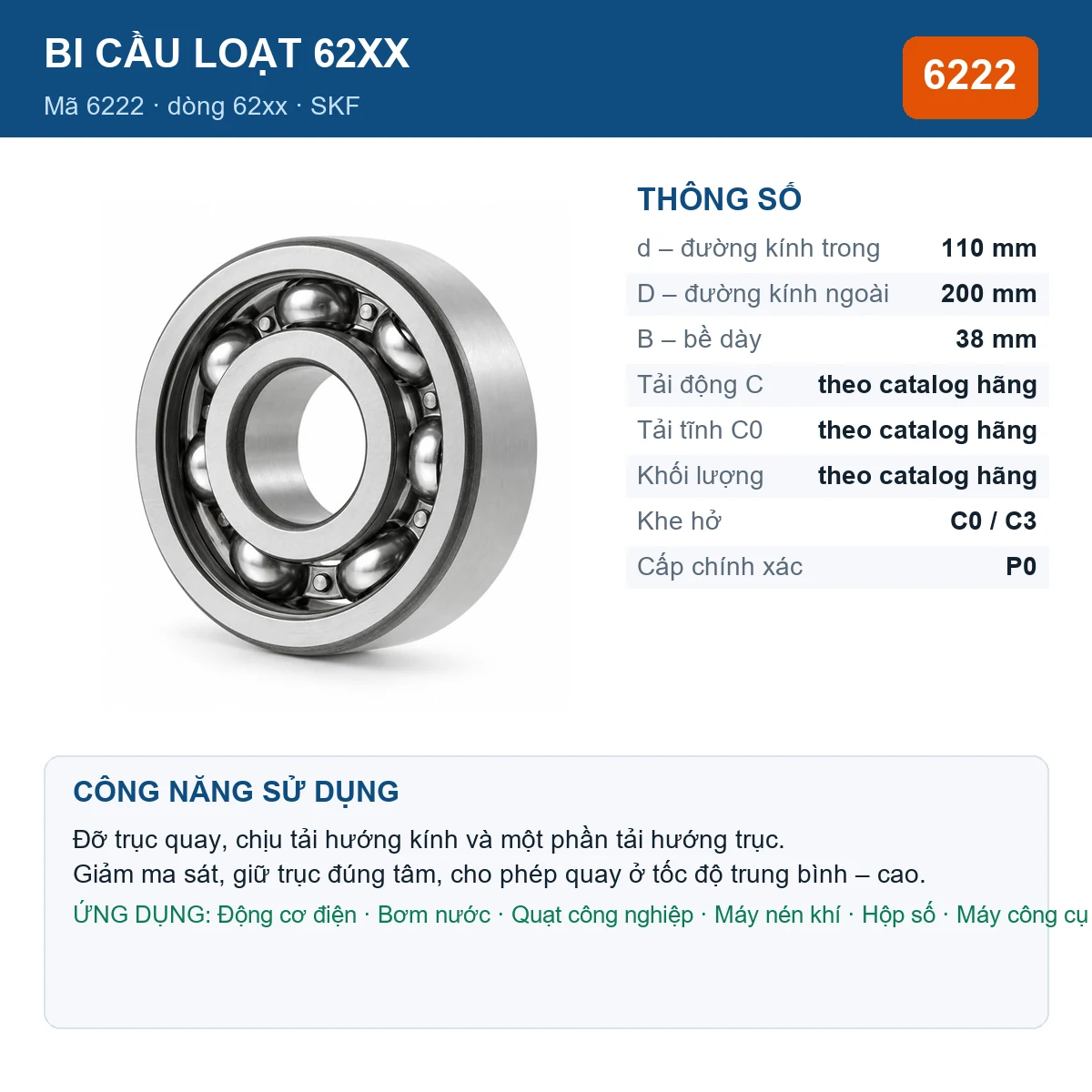 Vòng bi bạc đạn 6222 110x200x38mm SKF — ảnh sản phẩm, kích thước 110x200x38mm