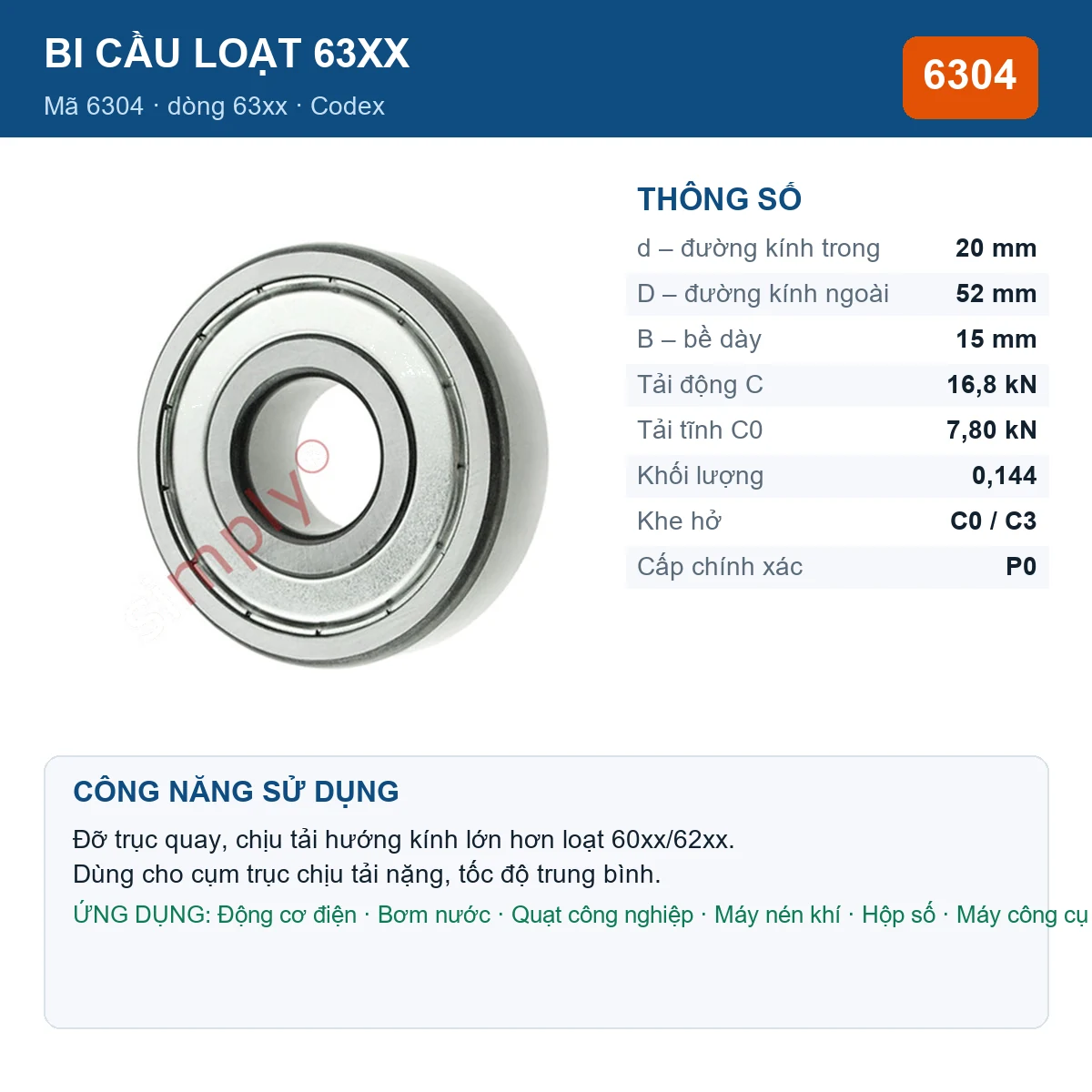 Vòng bi bạc đạn 6304 20x52x15mm Codex — kích thước 20x52x15mm