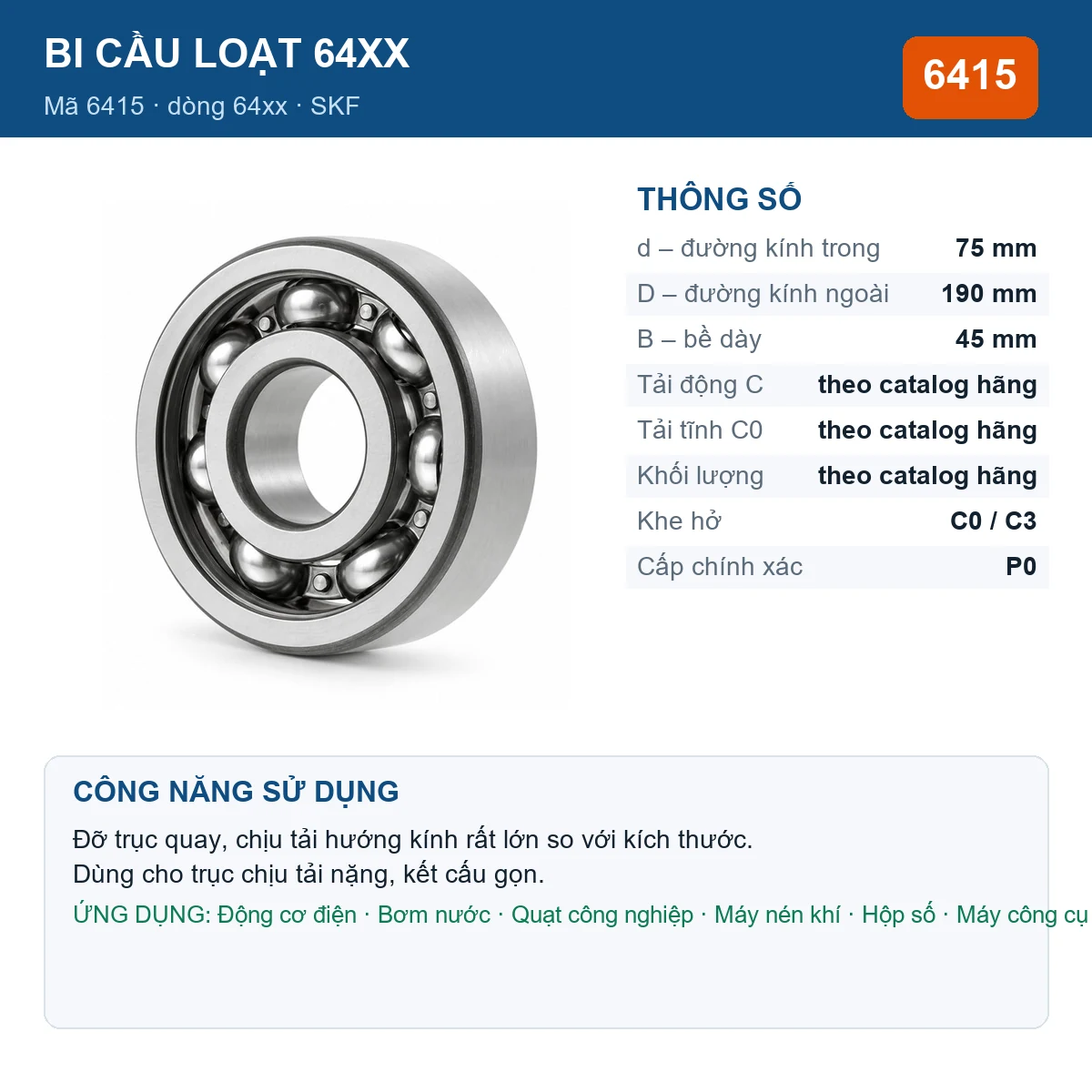 Vòng bi bạc đạn 6415 75x190x45mm SKF — kích thước 75x190x45mm