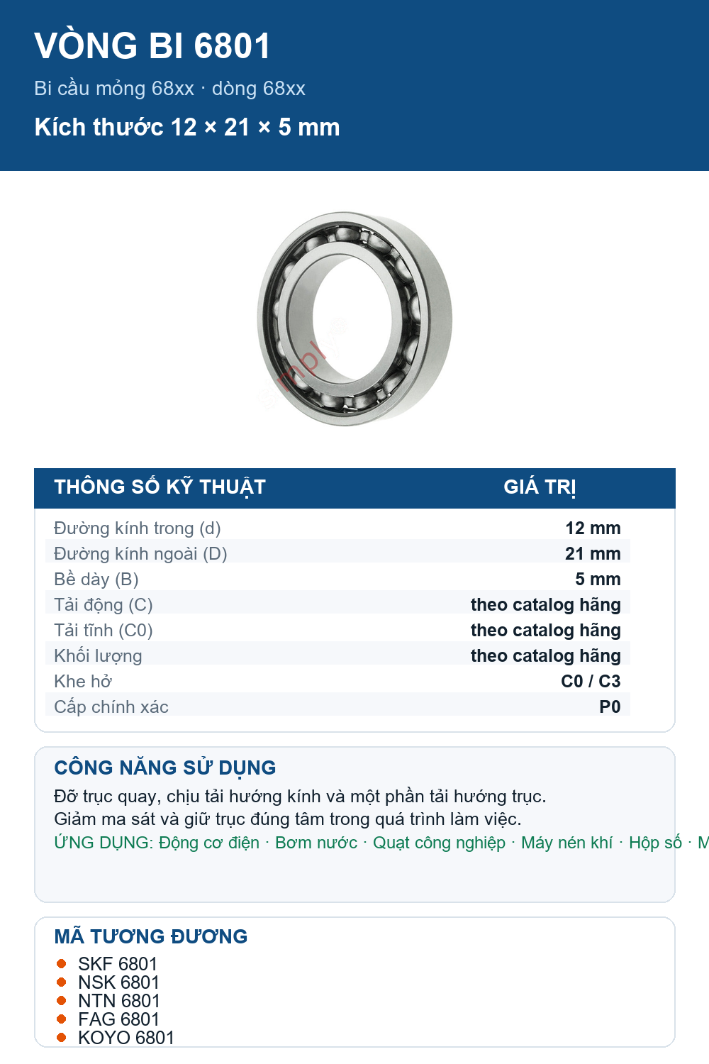 Vòng bi bạc đạn 6801 12x21x5mm NSK — Ảnh thông số (Pinterest)