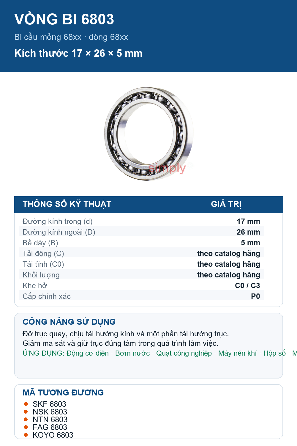 Vòng bi bạc đạn 6803 17x26x5mm NTN — Ảnh thông số (Pinterest)