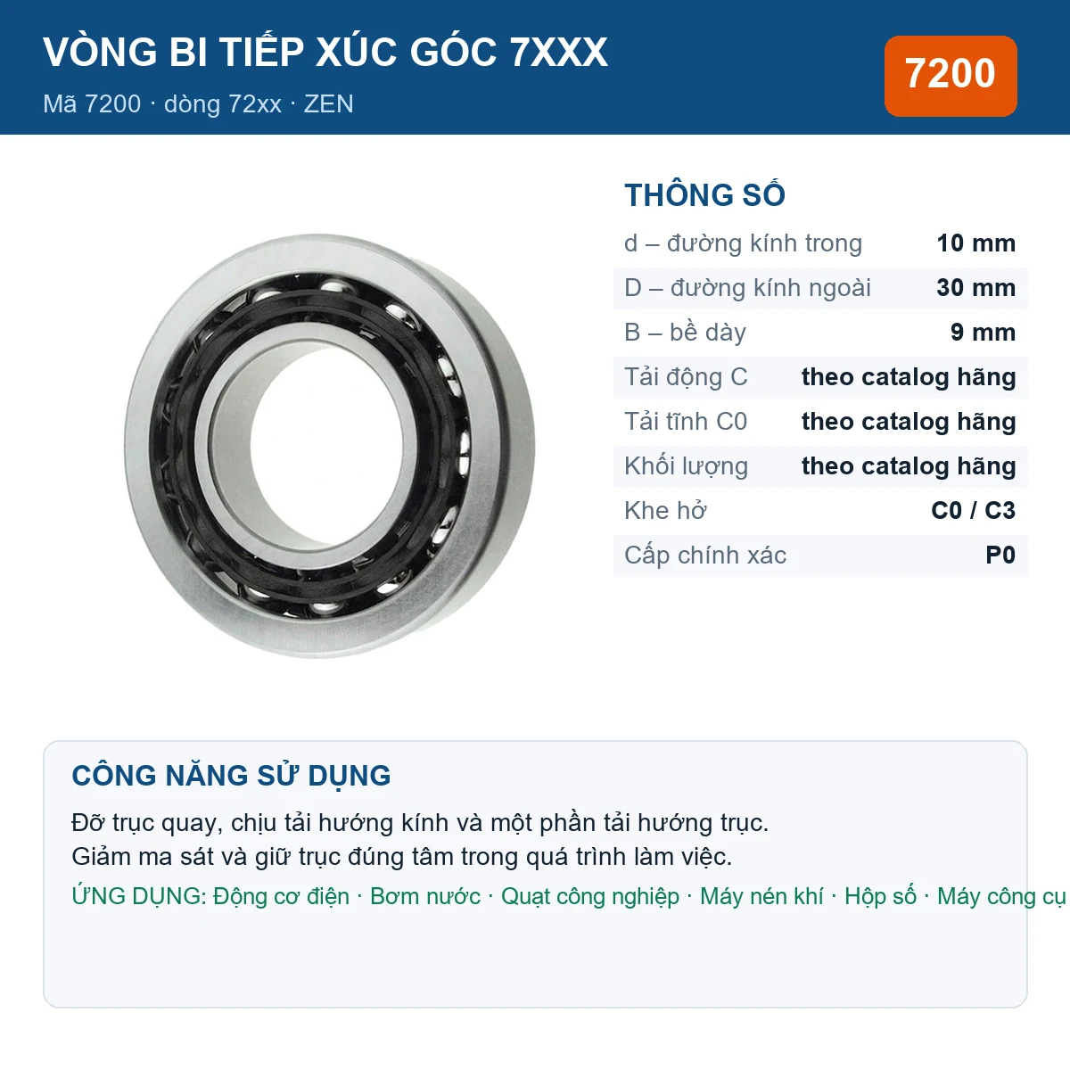 Vòng bi bạc đạn 7200 10x30x9mm ZEN — kích thước 10x30x9mm