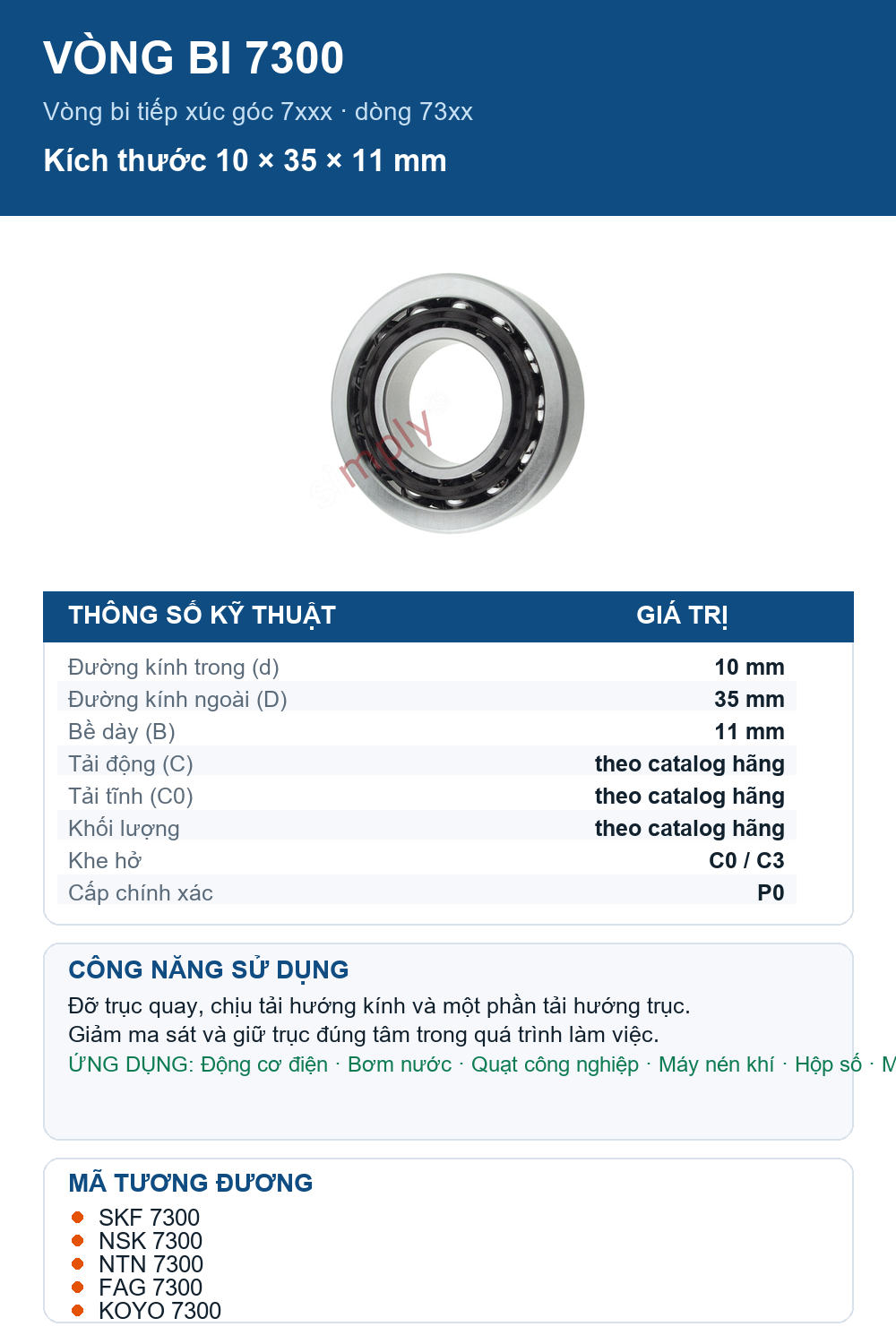 Vòng bi bạc đạn 7300 10x35x11mm Gen — Ảnh thông số (Pinterest)