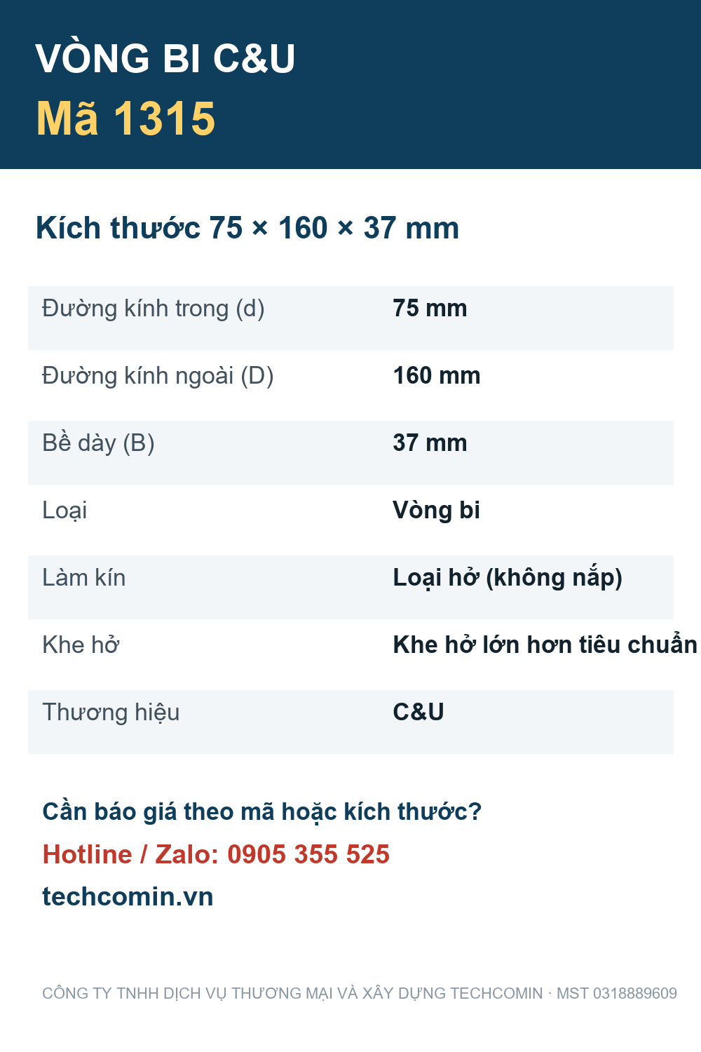 Vòng bi C&U 1315 75x160x37mm — Bảng thông số