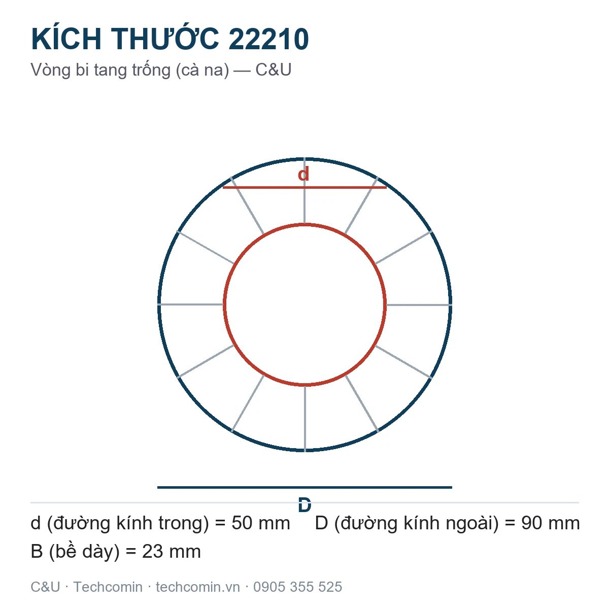 Vòng bi C&U 22210 50x90x23mm — Bản vẽ kích thước
